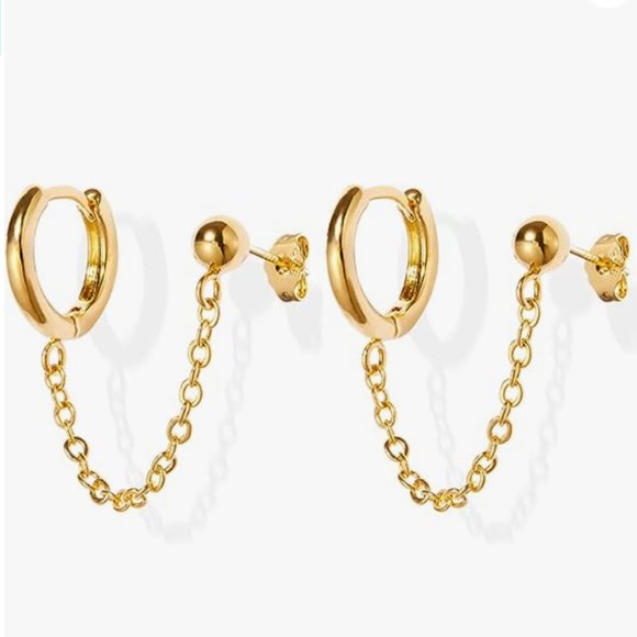 Gold Double Pierced Ears Connected Earrings Chain Hoops Piercing Hoop Studs - Picture 3 of 11